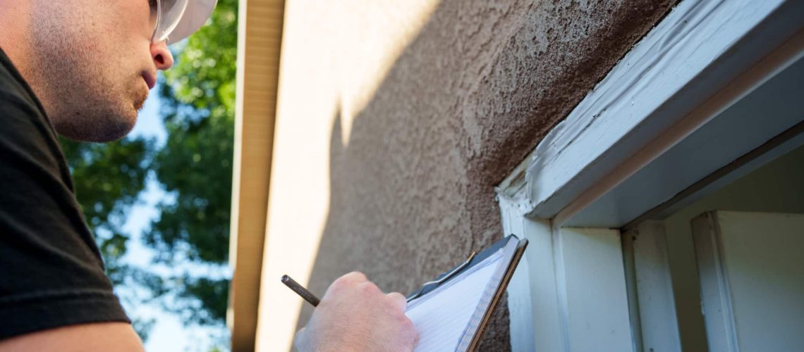 Young White Inspector examining, taking notes and photographing an outdoor door jamb outside a modern stucco home